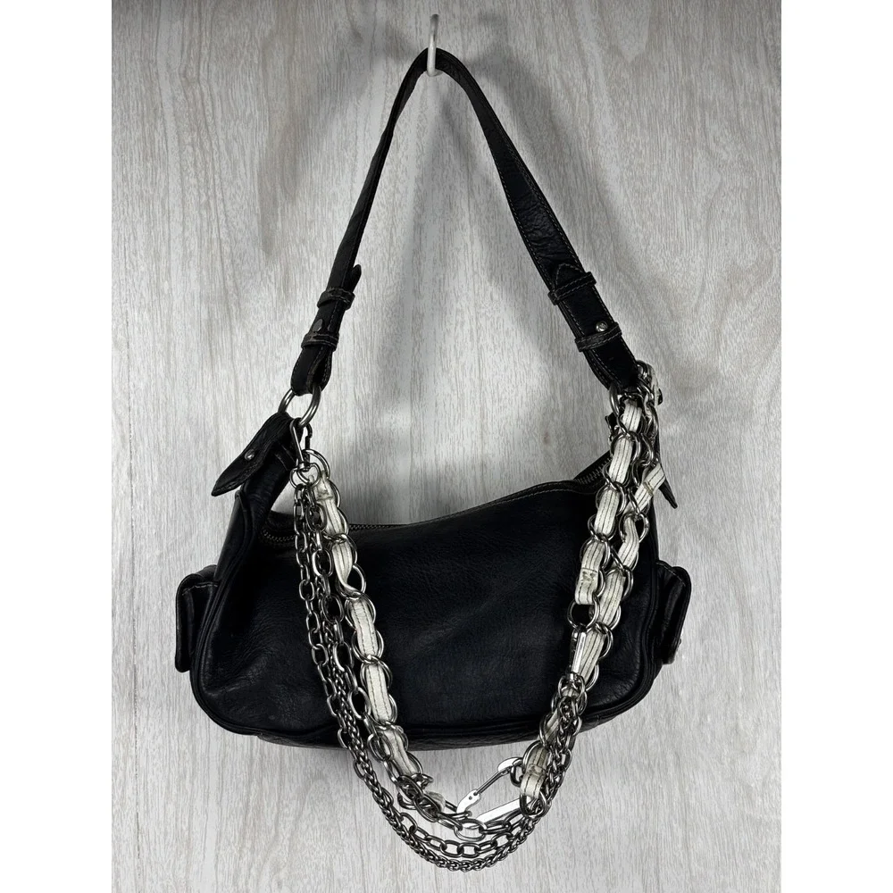 Vintage Lauren Ralph Lauren Black Leather Hobo Chain Bag Y2K Shoulder Purse